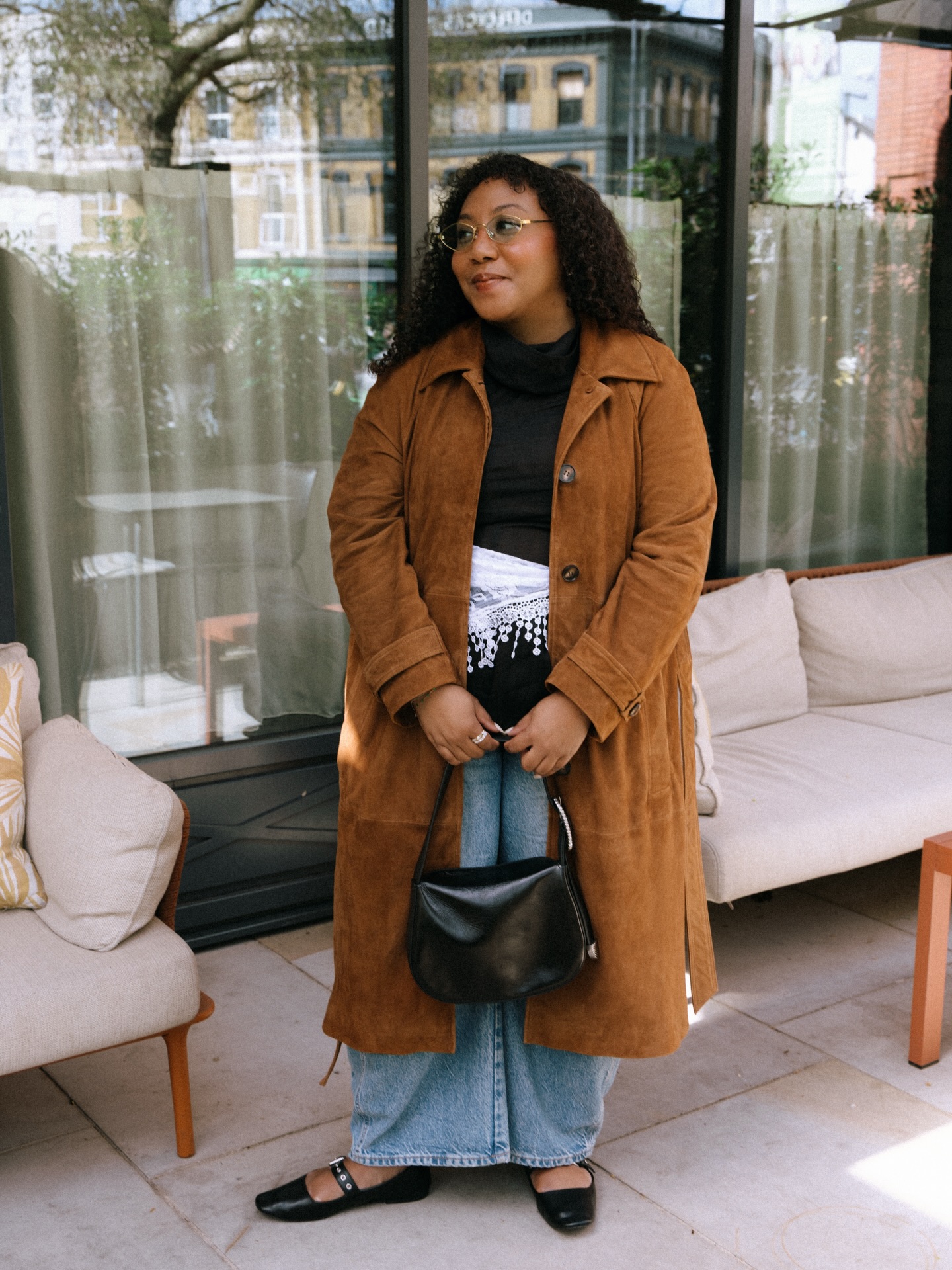A Suede Coat, Light Denim, and a Lace Waist Detail: Soft Contrast Done Well